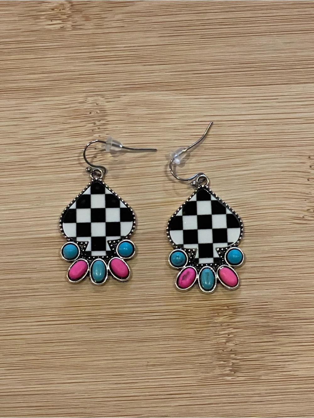 Checkerboard spade Earrings with Turquoise & Pink Accents
